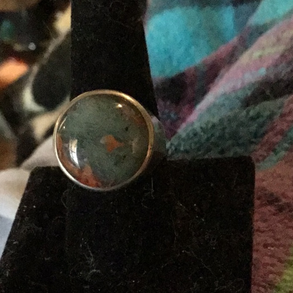 Mid Century Modern sterling silver moss agate ring